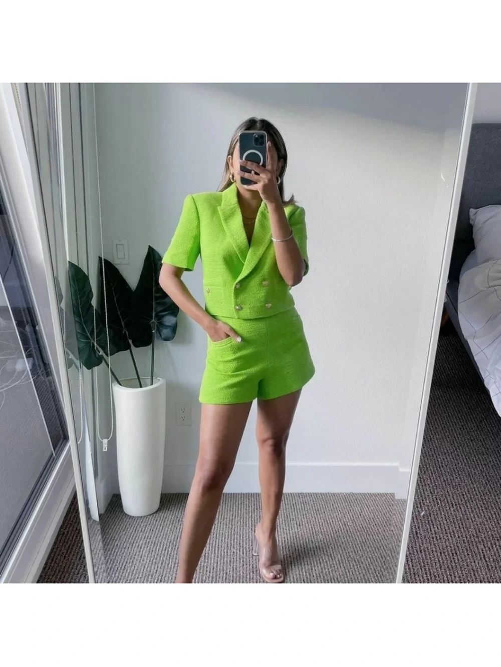 Zara Textured Crop Neon Green Blazer Jacket Size Large - Picture 11 of 15